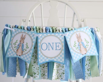 Peter Rabbit High Chair Fabric Garland, Blue & Green Bunny Birthday High Chair Decor, Spring Birthday Garland, Peter Rabbit 1st Birthday