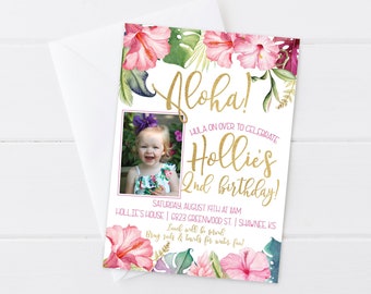 Aloha Tropical Luau Birthday Invitation, Girl Summer Birthday, Birthday Invite with photo - Digital/Printable OR Printed & Shipped!