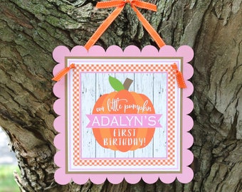 PUMPKIN GIRL Birthday Welcome Door Sign - Girly Pumpkin Birthday Decorations Fully Assembled - Pumpkin Patch Party Sign - Pink and Orange