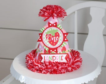 Strawberry First Birthday Party Hat, Berry Sweet First Birthday, Strawberry Picnic Summer, Pink Green Red Strawberry Birthday Decor