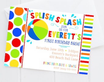 Beach Ball Birthday Invitation - Pool Party Birthday - Boy First Birthday Invite - Digital/Printable OR Printed & Shipped!