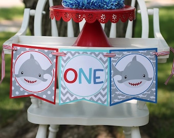 Shark First Birthday High Chair Banner - Shark High Chair Decoration - High Chair Bunting - Boy Birthday, Blue, Red, Gray