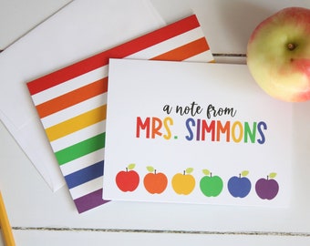 Personalized Teacher Notecards, Rainbow Apples Stationery for Teachers, Personalized Gift, Set of 10 Folded Notecards + Envelopes