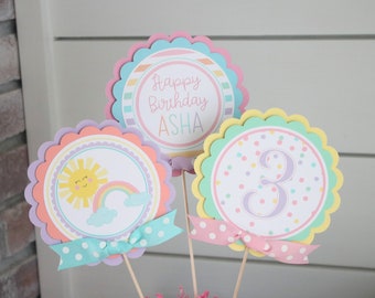 Rainbow Sunshine Birthday Centerpiece Sticks, Pastel Rainbow Party Table Decorations, You Are My Sunshine Girl Birthday Decor