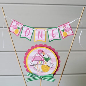 Flamingo Pineapple Cake Topper Set - Cake Bunting & Topper Set - Girly Summer Flamingo Party Cake Banner Set