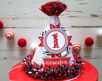 Our Little Firecracker First Birthday Party Hat, Patriotic First Birthday Decorations, Fourth of July Birthday Hat, Red Navy Silver