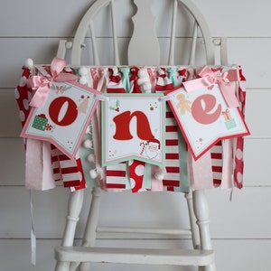 Christmas Girl &quot;Oh What Fun it is to be One!&quot; High Chair Fabric Garland, Gingerbread Santa Christmas Birthday Decoration Fabric Bunting