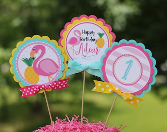 Flamingo Pineapple Decorations Centerpiece Sticks, Pink Flamingo Tropical Birthday Table Decorations, Pink Yellow Turquoise Aqua