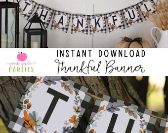 Bannière de Thanksgiving imprimable - DIY Buffalo Plaid "Thankful" Banner - Décorations de Thanksgiving imprimables - TÉLÉCHARGEMENT INSTANTANÉ