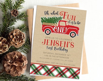 May include: A red and white plaid patterned invitation for a first birthday party. The invitation features a red pickup truck with a Christmas tree in the back. The text on the invitation reads "Oh what fun it is to be one! Join us to celebrate Jensen's First Birthday. Saturday, December 19th, 1:00 in the afternoon, 84 Golden Ct. I Cedar Hill, MO 63016. RSVP to Jamie: Text or call 814.773.3382. You choose Printable or Printed/Shipped."