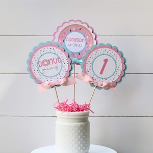 Donut Birthday Centerpiece Sticks, Donut Grow Up Party Table Decorations, Donut Pastel Pink Aqua, Sprinkles Birthday Centerpiece Sticks