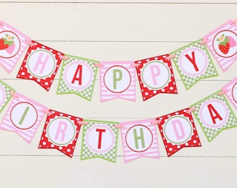 Strawberry Birthday Banner, Berry Sweet Birthday Decorations Fully Assembled, Strawberry Birthday Party Decor, Pink Red, Summer Fruit