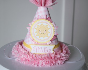 Sunshine Birthday Party Hat, You Are My Sunshine Party Hat, Pink Yellow First Birthday, Pink Gingham Party Hat