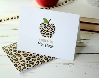 Leopard Apple Personalized Notecards, Leopard Stationery for Teachers, Teacher Appreciation Gift, Set of 10 Folded Notecards + Envelopes