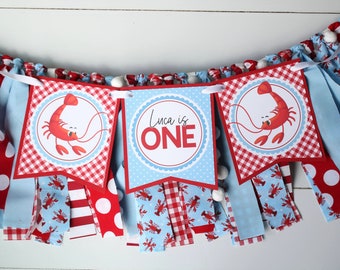 Crawfish Boil High Chair Fabric Garland, Light Blue & Red Birthday High Chair Decoration, Seafood Boil Party Decor, Fabric Party Bunting