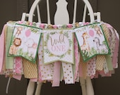 Jungle High Chair Fabric Garland, Jungle Safari quot Wild One quot Birthday High Chair Decoration, High Chair Bunting Decor, Pink Green Gold