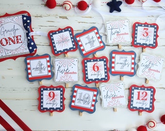 Our Little Firecracker Birthday Photo Banner, Patriotic First Birthday 12 Month Photo Banner, Baby's First Year Photo Banner