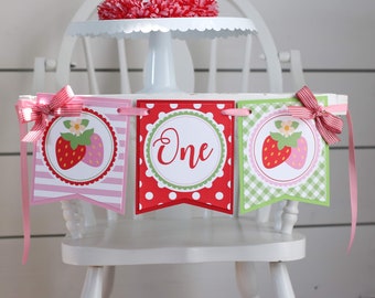 Strawberry First Birthday High Chair Banner, Berry Sweet Birthday Decorations, High Chair Garland Decor, Pink Red Green, Summer Birthday