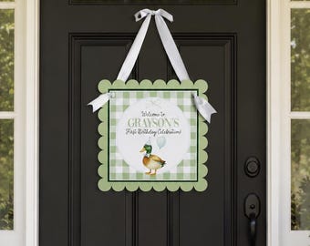 Personalized Mallard Duck Birthday Door Sign, One Lucky Duck Green Gingham Party Decor