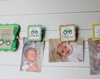 Tractor Birthday Photo Banner Green & Yellow - 12 Month Baby's First Year Photo Banner - Green Tractor Farm Birthday Party Photo Banner