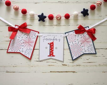 Our Little Firecracker High Chair Banner, Red Navy Silver, Patriotic Fireworks Fourth of July Birthday Decoration, Fall First Birthday Party