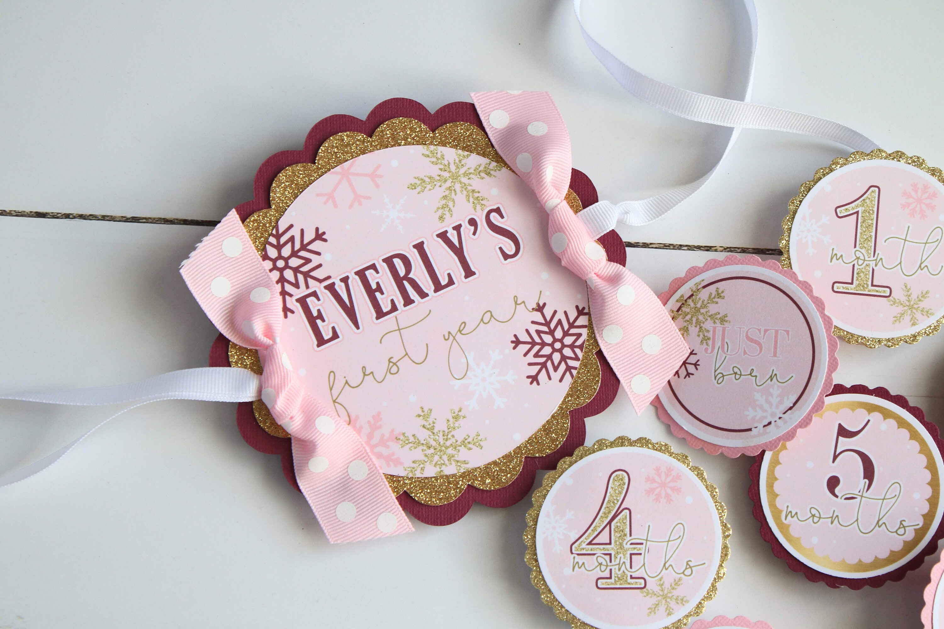 Adorable Snowflake Monthly Photo Banner For Baby's First Birthday - Pink Winter Onederland Theme - View #9