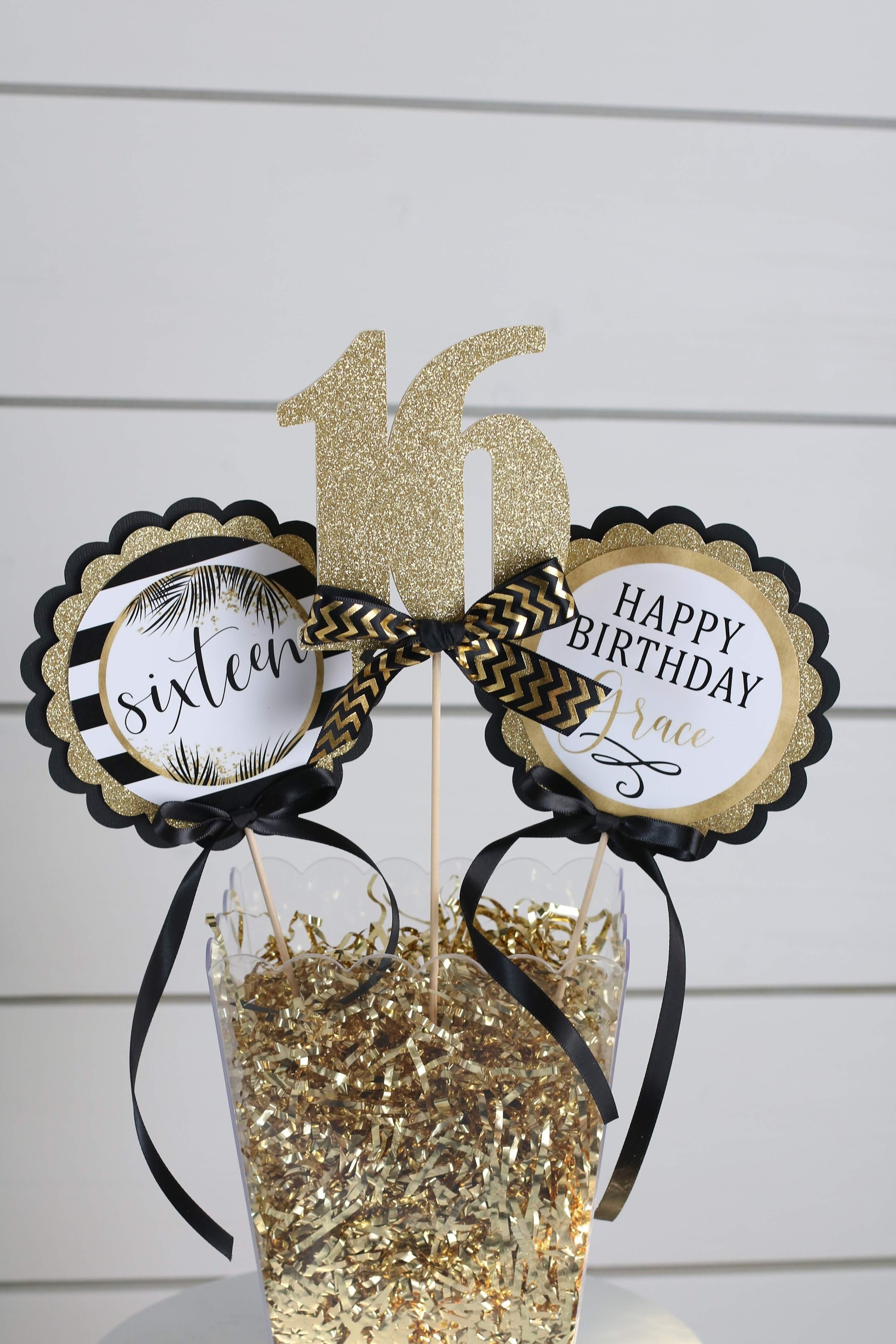 Sweet 16 Birthday Decor Centerpiece Sticks, 16th Birthday Party Table Decorations, Black and Gold Milestone Birthday Decorations