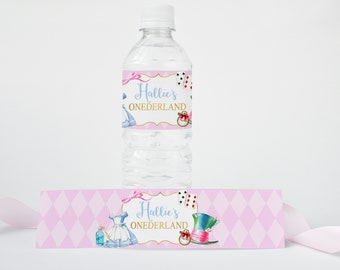 Alice in Onederland Water Bottle Labels - Wonderland Party Birthday - Girl First Birthday - Tea Party Wonderland Water Bottle Wraps
