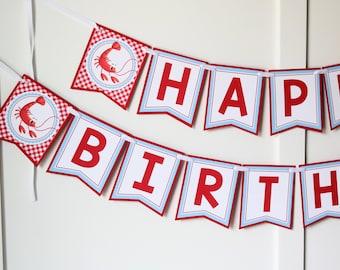 Crawfish Boil Birthday Banner, Crawfish First Birthday Decorations, Seafood Boil Happy Birthday Banner, Light Blue & Red