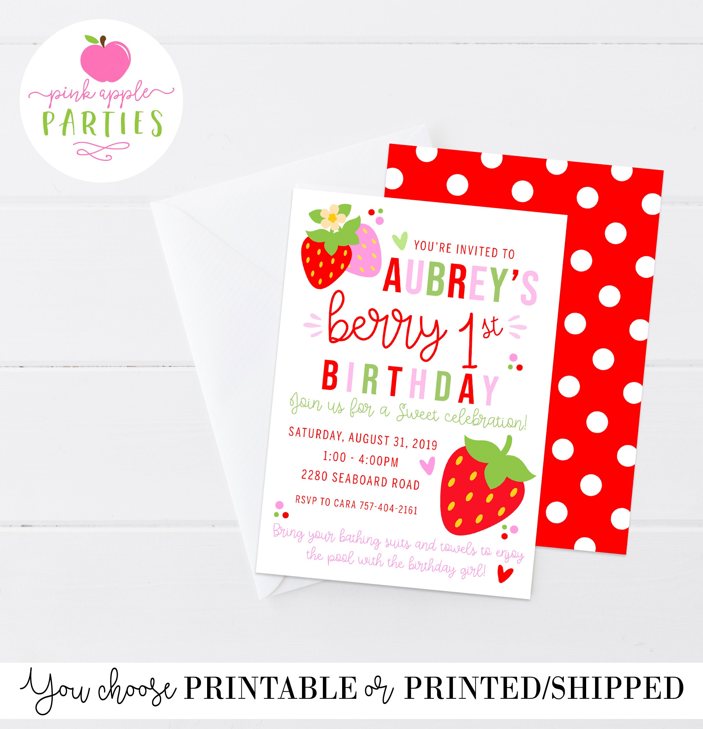 Invitación de cumpleaños de fresa, invitación de cumpleaños de la baya,  fiesta de frutas de verano, cumpleaños de la niña, rojo rosa - digital /, image size:2400x2487