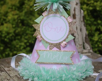 Mint Pink Gold Party Hat - Mint Pink Gold Birthday - Girl First Birthday Party Decorations - Mint Birthday - First Birthday Outfit