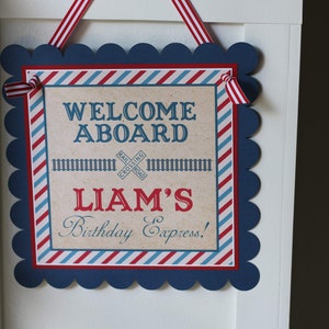 Vintage Train Birthday Welcome Aboard Door Sign - Choo Choo Birthday Decorations Fully Assembled - Boy Birthday Sign
