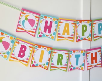 Beach Ball GIRL Birthday Banner - Pool Party Birthday Decorations for girls Fully Assembled - Beach Ball Summer Birthday Party Banner