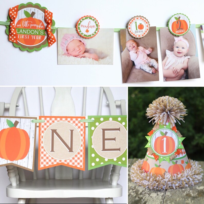Puede incluir: Un conjunto de decoraciones para la fiesta de primer cumplea&ntilde;os con tem&aacute;tica de calabaza. El conjunto incluye una pancarta con la palabra "ONE" en letras marrones, un sombrero con forma de calabaza con el n&uacute;mero "1" en &eacute;l y una pancarta de fotos con im&aacute;genes de un beb&eacute; a diferentes edades. Las decoraciones son de color naranja, verde y marr&oacute;n.