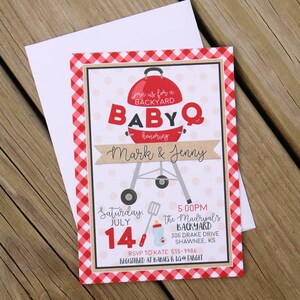 May include: Red and white checkered baby shower invitation with a cartoon grill and the text "Join us for a Backyard Baby Q honoring Mark & Jenny" and "Saturday, July 14th, 5:00PM The Madrigal's Backyard 305 Drake Drive Shawnee, KS RSVP to Kate: 515-9986 Registered at Babies R Us & Target"