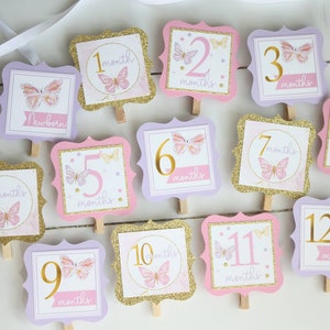 Estandarte de la foto del primer cumpleaños de la mariposa, estandarte de 12 meses, decoraciones de la fiesta del primer cumpleaños de la mariposa de oro púrpura rosa, estandarte del cumpleaños de la niña