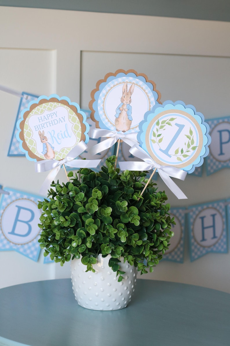 K&ouml;nnte beinhalten: Dekorative Tischdekoration mit einer gr&uuml;nen Pflanze in einem wei&szlig;en, strukturierten Topf. Drei runde Aufs&auml;tze mit Peter-Rabbit-Illustrationen und dem Text "Happy Birthday Reid" und der Zahl "1" sind mit wei&szlig;en B&auml;ndern befestigt. Ein Banner mit blau-wei&szlig;em Karomuster befindet sich im Hintergrund.