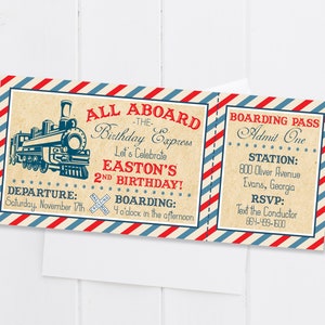 Vintage Train Ticket Birthday Party Invitation, Train Ticket Navy Red Vintage Steam Train Invite, Digital/Printable OR Printed & Shipped!