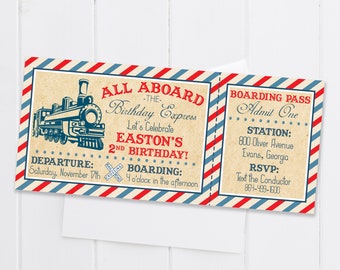 Vintage Train Ticket Birthday Party Invitation, Train Ticket Navy Red Vintage Steam Train Invite, Digital/Printable OR Printed & Shipped!