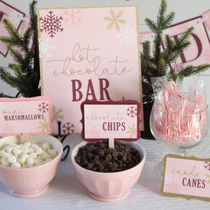Hot Chocolate Bar Sign + Food Labels, Hot Cocoa Bar Set, Winter Onederland Party Decor, Hot Cocoa Bar Sign, Pink Gold Maroon Snowflake Party