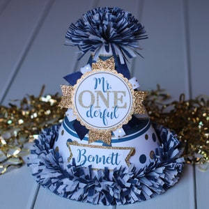 Mr. Onederful First Birthday Hat, Navy & Gold Mr. Onederful Birthday Decorations, Little Man Bowtie Birthday, First Birthday Photo Prop