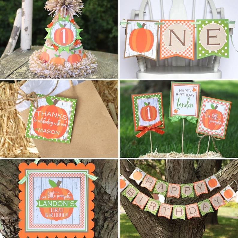 Little Pumpkin Cake Banner Set Cake Bunting /& Topper Set Pumpkin Boy Cake Topper Set Orange and Green