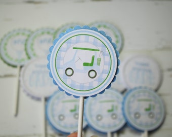Golf First Birthday Cupcake Toppers, Golf Partee Birthday Party, Hole in One Blue and Green First Birthday Cupcake Picks