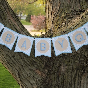 May include: A blue and brown baby shower banner with the words "Baby Q" and a grill graphic.
