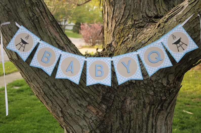 May include: A blue and brown baby shower banner with the words "Baby Q" and a grill graphic.