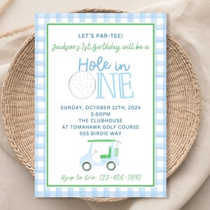 Hole in One First Birthday Golf Invitation, Birthday Par-tee Invite, Light Blue & Green Golf Invitation, Golf Party Decor