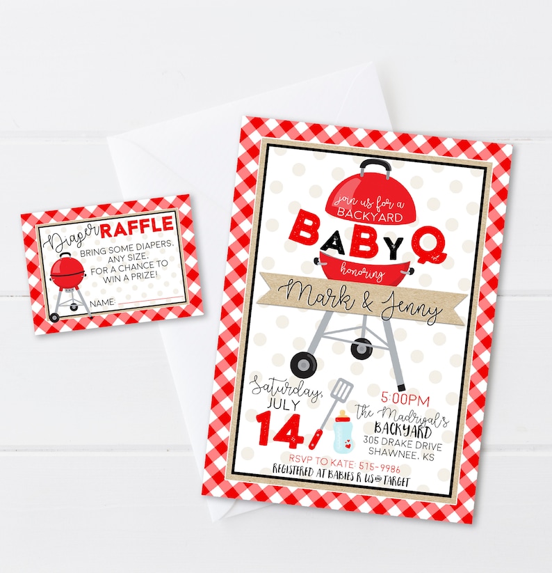 May include: Red and white checkered baby shower invitation with a red and white checkered background. The invitation says "Join us for a Backyard Baby Q honoring Mark & Jenny" and includes the date and time of the event. The invitation also includes a diaper raffle ticket.