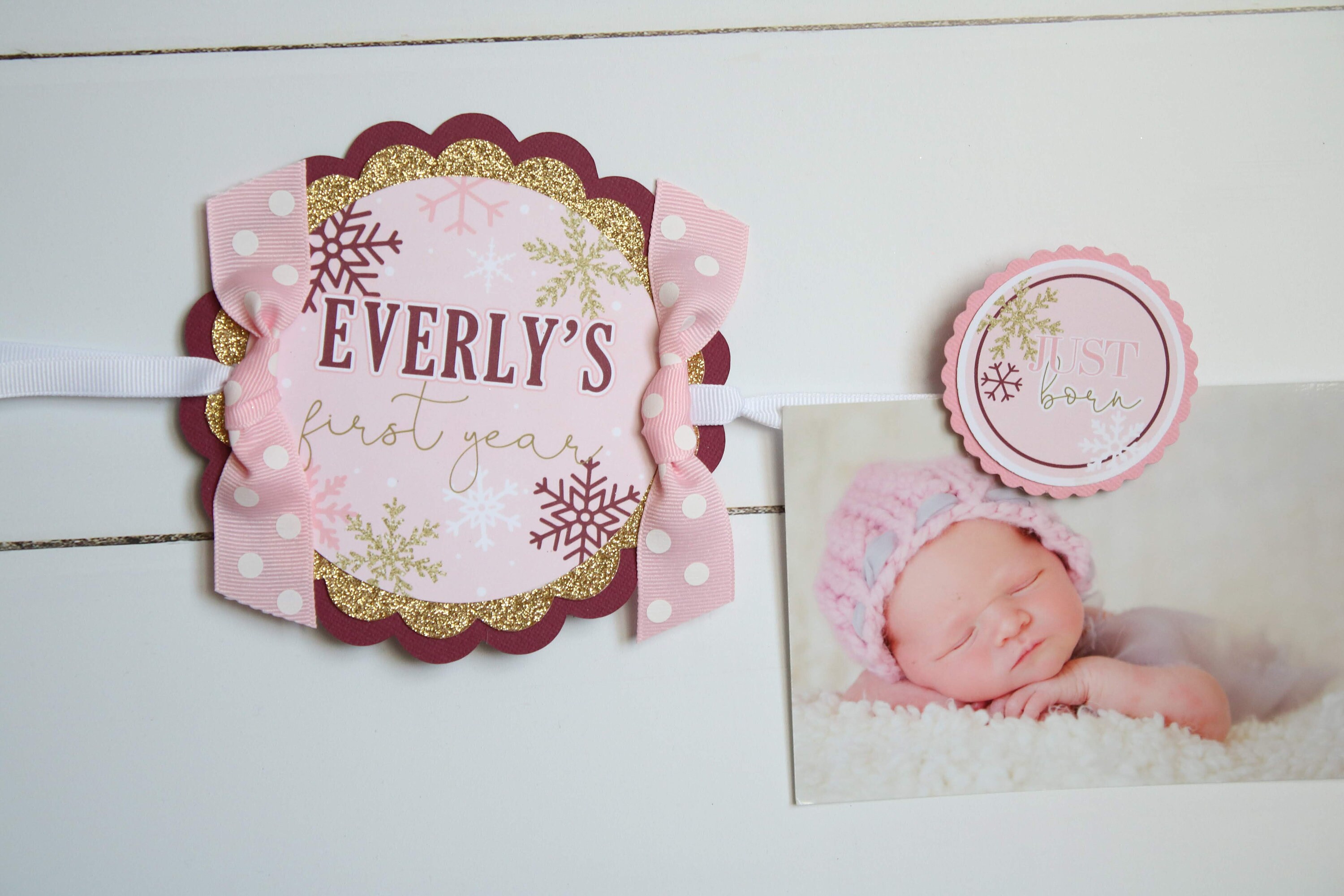 Adorable Snowflake Monthly Photo Banner For Baby's First Birthday - Pink Winter Onederland Theme - View #2