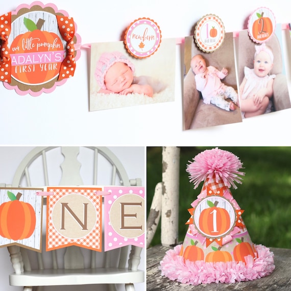 PUMPKIN GIRL First Birthday Package - High Chair Banner, Monthly Photo Banner, Party Hat