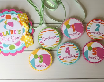 Beach Ball GIRL First Year Photo Banner - 12 Month Photo Banner - Girly Beach Ball Pool Party Birthday Party Photo Banner